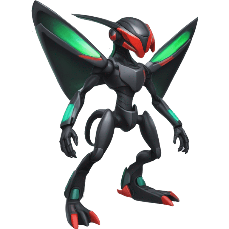 a shiny black Genesect-Flygon-Raptor-Fakémon-Medabot-hybrid with a futuristic visor-helmet full body emoji