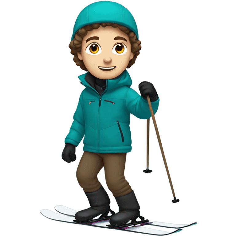 white Boy with wavy brown hair skiing on teal skis. He is wearing all black snow pants and a gray jacket   emoji