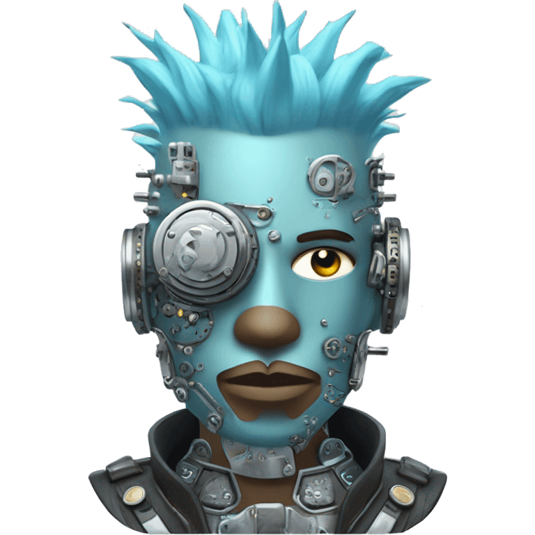 Pastel blue Mohawk cyborg head with silver steampunk goggles, goatee and circuits emoji