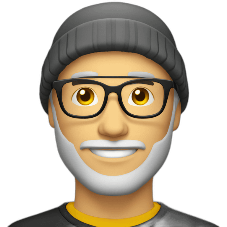 bearded white guy with clear framed glasses wearing yellow beanie black shirt emoji