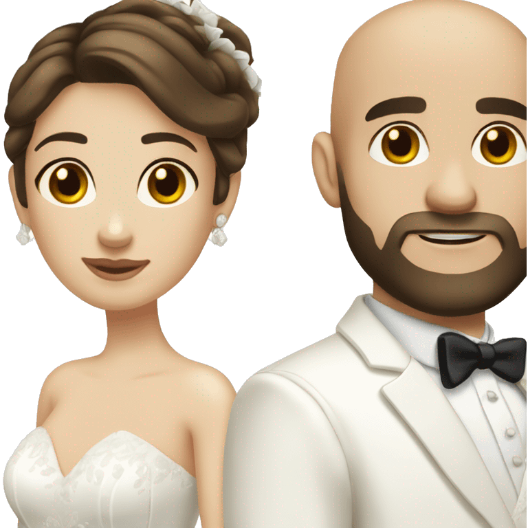 bride with long brown hair and bald dark hair and dark eyes bearded groom with white suit emoji