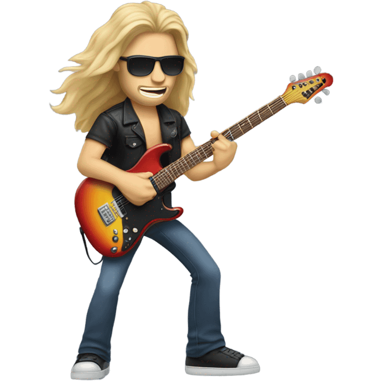 Caucasian man with long hair with sunglasses on playing electric guitar emoji