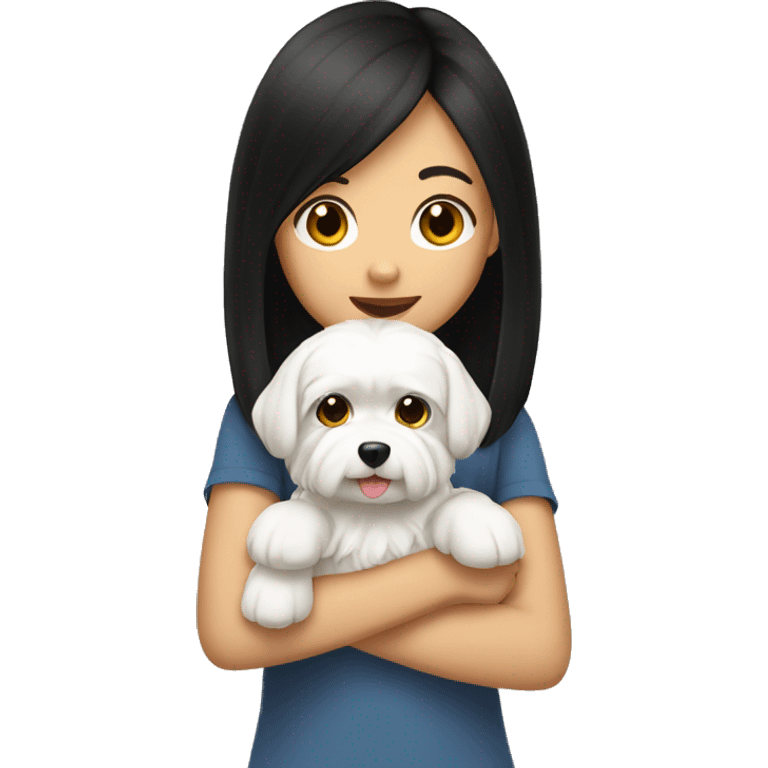 A teenage girl with black, shoulder-length hair holding a Maltese dog. She is East Asian emoji