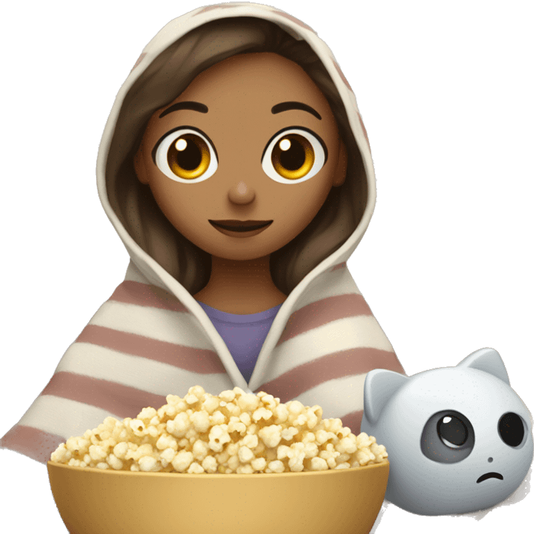 Girl wrapped up in a blanket with a bowl of popcorn and a remote  emoji