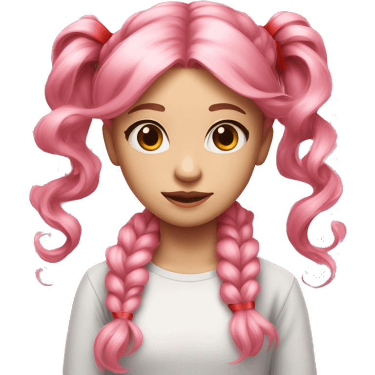 Girl with light pink hair and a ponytail supported by a red ribbon with long curly hair sides and pink eyes emoji