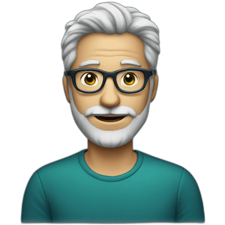 Funny man with grey beard and blue glasses, dark green eyes 35 years old emoji