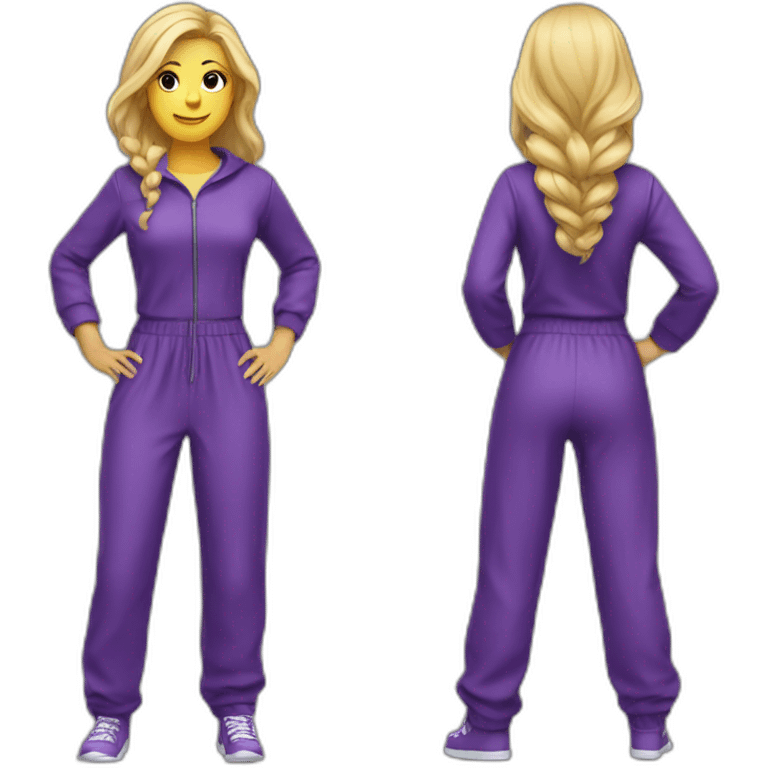 Woman blond hair purple full body jumpsuit emoji