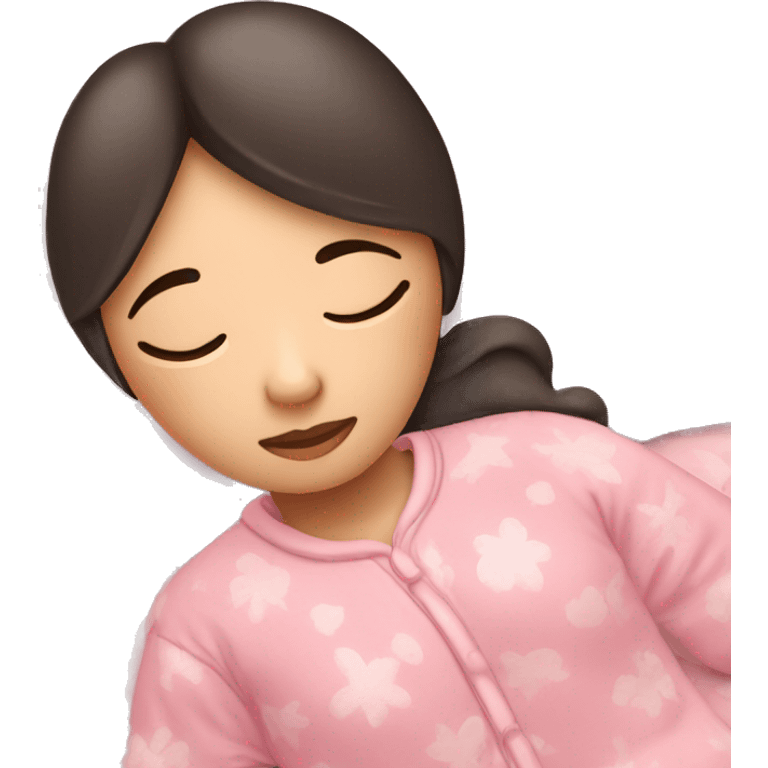 Asian girl in a light pink pajama sleeping on a bed emoji