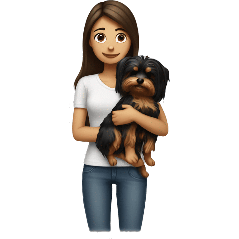 Brunette girl hugs yorkie dog emoji