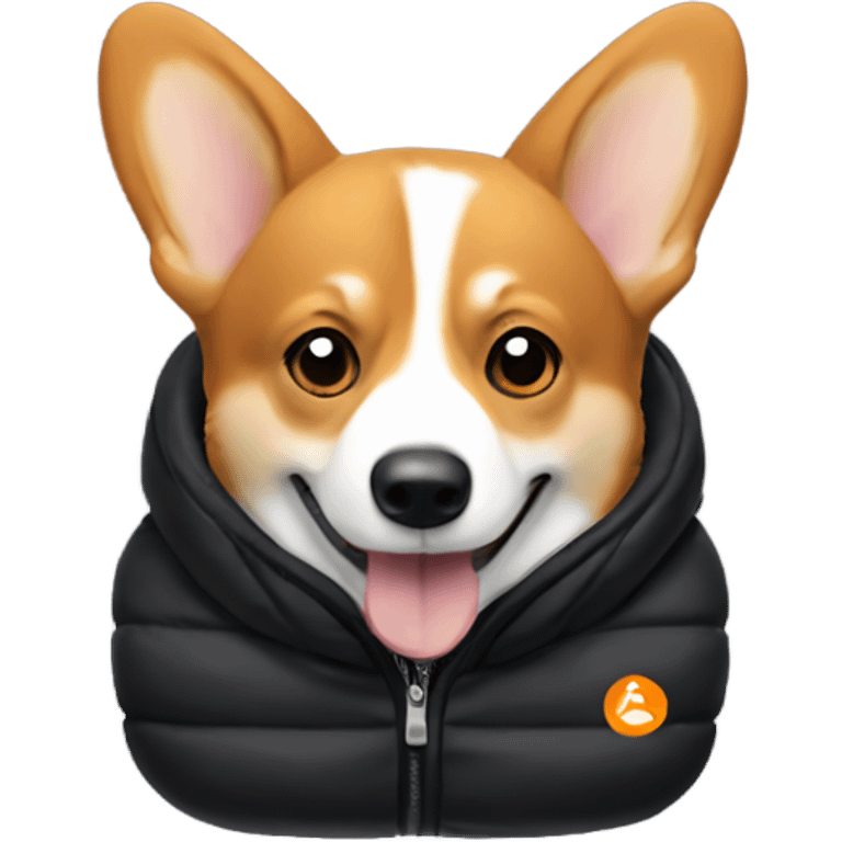 corgi wearing a black puffer jacket with a small orange YC logo on the left chest emoji