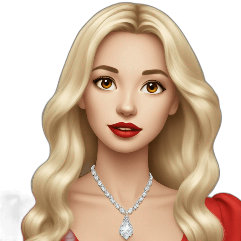 beautiful russian girl with light skin long hair red lipstick wearing red low neck dress with a diamond necklace emoji