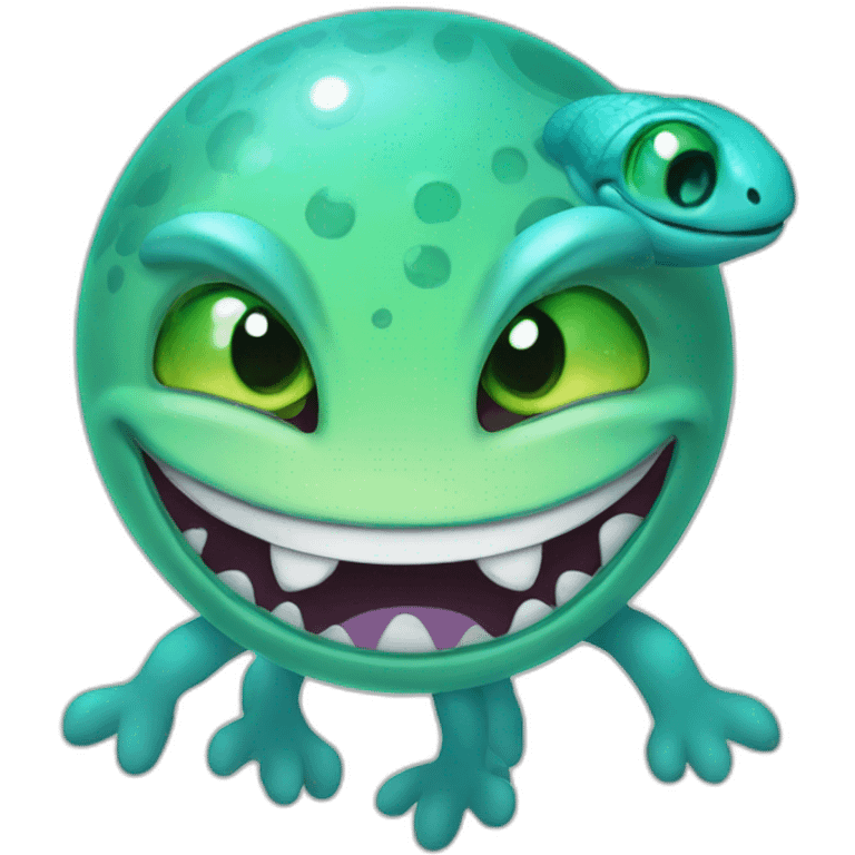 planet Neptune with a cartoon smiling lizard face with smiling eyes emoji