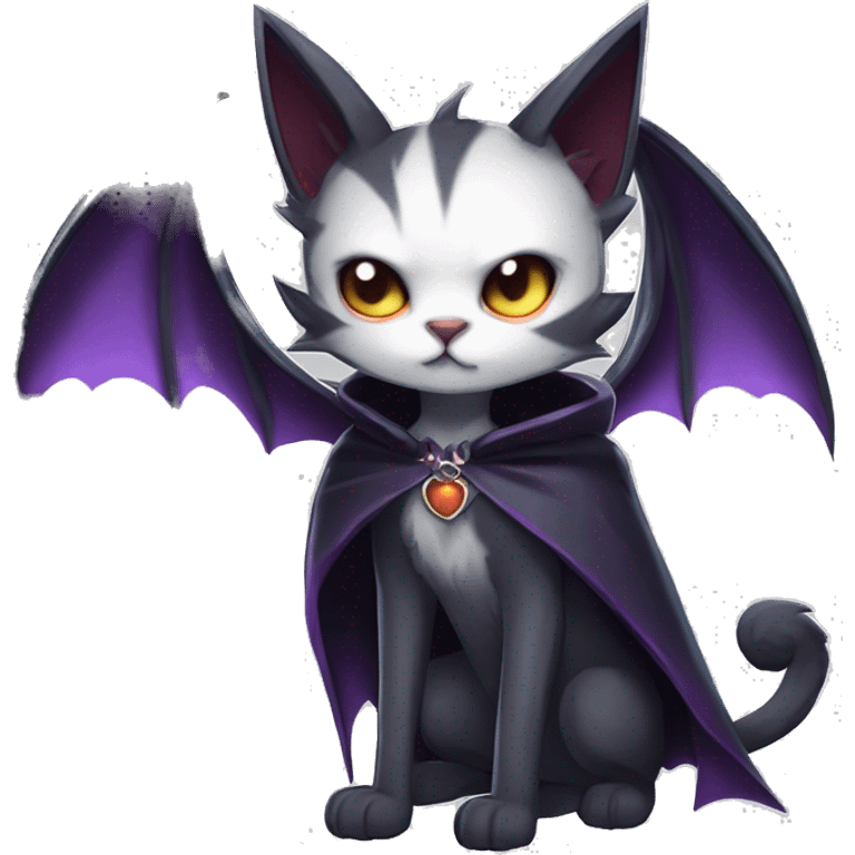   cool edgy beautiful anime-style ethereal dark-punk-themed animal vampiric cat-hybrid Fakemon with big fangs and bat-wing-ears with a cape full body emoji