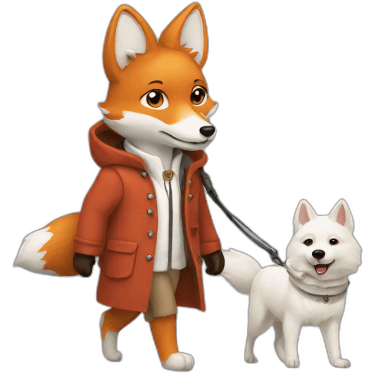 fox in a coat walking a white dog emoji