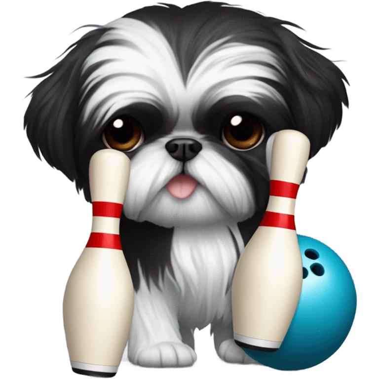 All Black shih tzu bowling, bowling ball and pins emoji