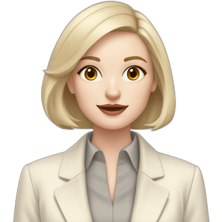 pale skin woman with ash blonde Straightened bob Hair, White Spacious classical jacket, beige palazzo Arrow pants and gray blouse holding a MacBook in the hands emoji