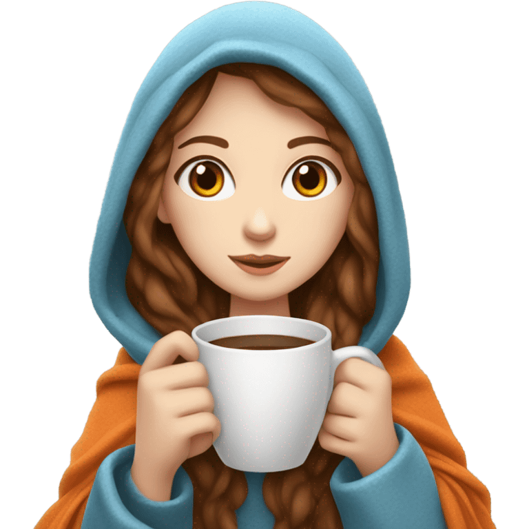 White girl with brown hair and blue eyes drinking coffee. With a white and orange cat and a blanket around them cuddled up emoji