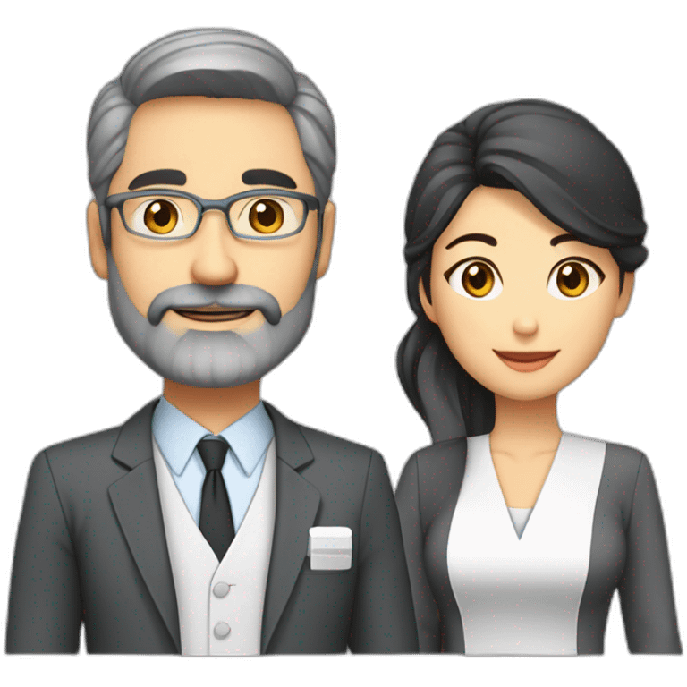 husband preacher middle age dark gray hair trimmed beard business suit, with wife asian age 55 dark hair nurse uniform emoji