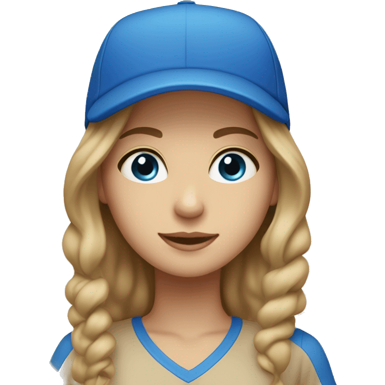 Girl with dark blonde hair and blue eyes in a cap on beige/brown background  emoji