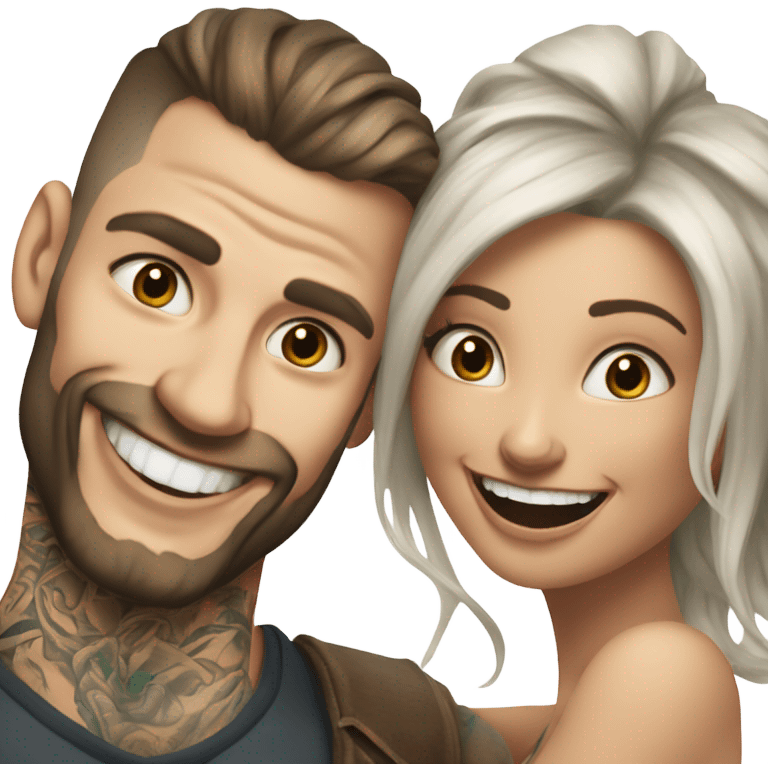 Hyper Realistic beautiful woman in the arms of a very handsome tattooed man laughing  emoji