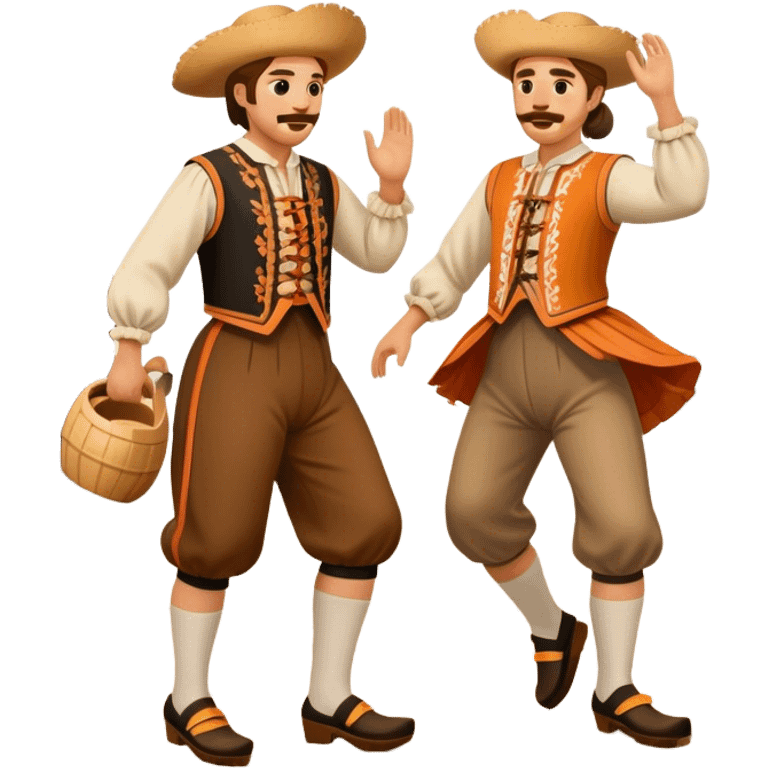 Cinematic Realistic scene of two performers executing the Klompendans, dressed in traditional Dutch costumes complete with wooden clogs and detailed folk patterns, captured in lively motion with soft, natural lighting emoji