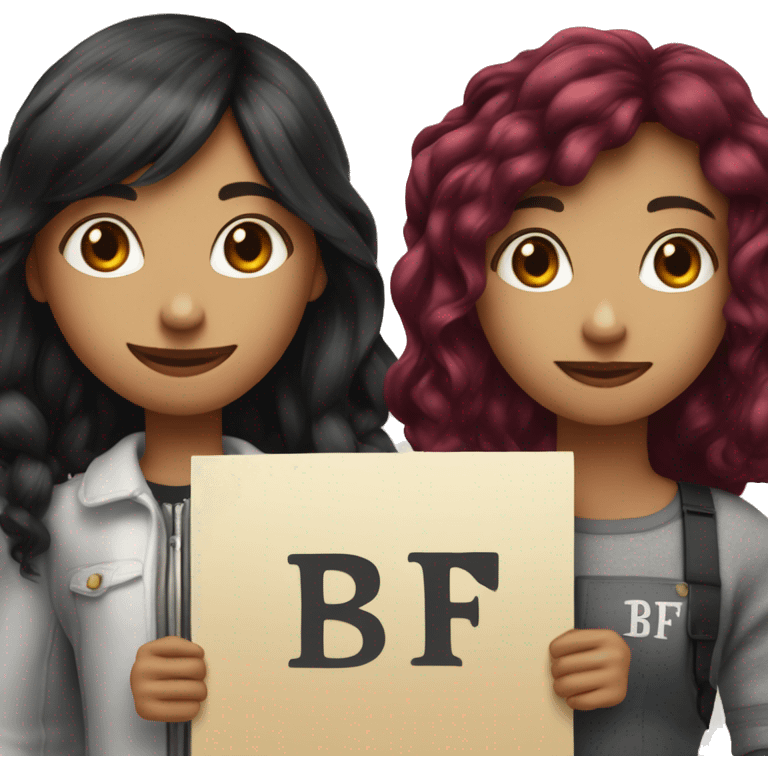 Girl with burgundy hair next to a tall boy with short black hair holding up a sign that says “BFF” emoji