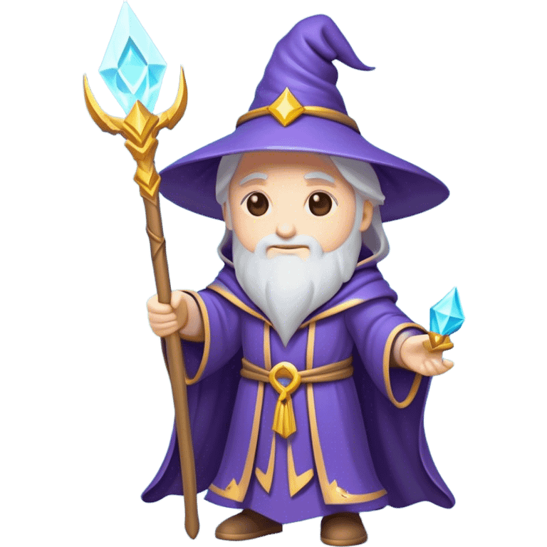 Clash of Clans aesthetic: Cinematic Playful Wizard Hero Emoji, rendered in a 3D vector-style similar to standard emojis with minimal shading and bold, simplified shapes. A compact, isometric figure draped in flowing enchanted robes and wielding a mystical staff, softly glowing with an arcane magical charm. Simplified yet unmistakably iconic, highly detailed and consistent, glowing with a soft radiant glow and high shine. Stylized with a touch of whimsical sorcery and a soft glowing outline, capturing the essence of a powerful wizard ready to cast spells with a friendly, playful spirit! emoji