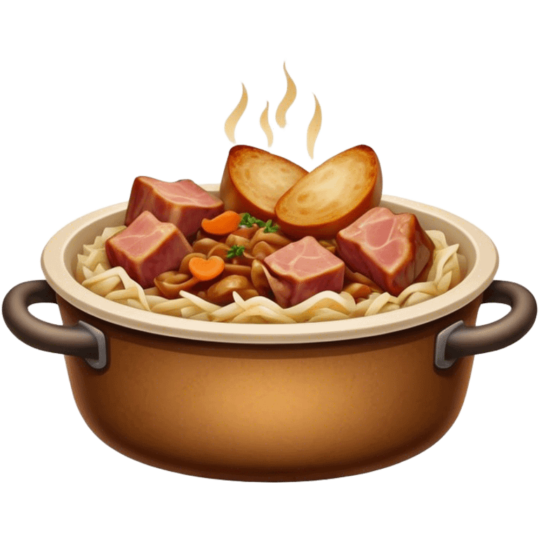 Cinematic Realistic Bigos Dish Emoji, showcasing a hearty stew of sauerkraut and meats rendered with rich textures and dynamic, rustic lighting. emoji