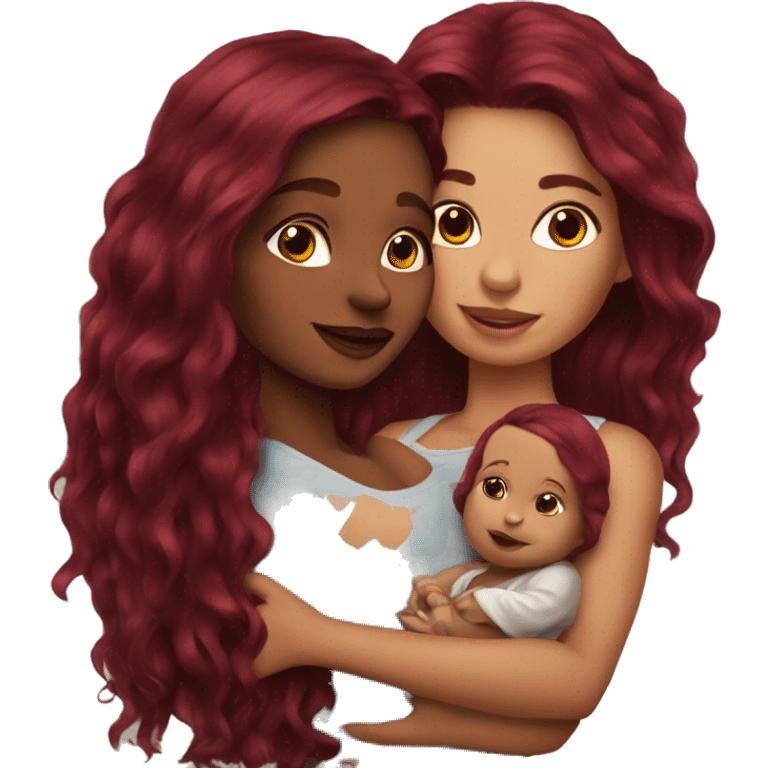 Beautiful tattooed burgundy long haired woman holding a baby emoji