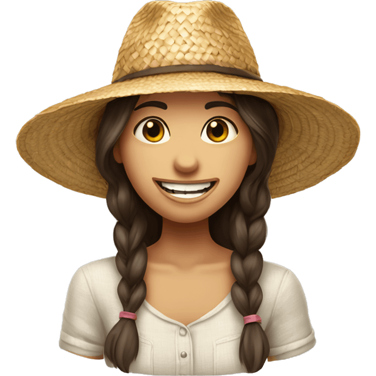 Brunette girl in straw hat with all of her teeth, except for her front top teeth ￼ emoji