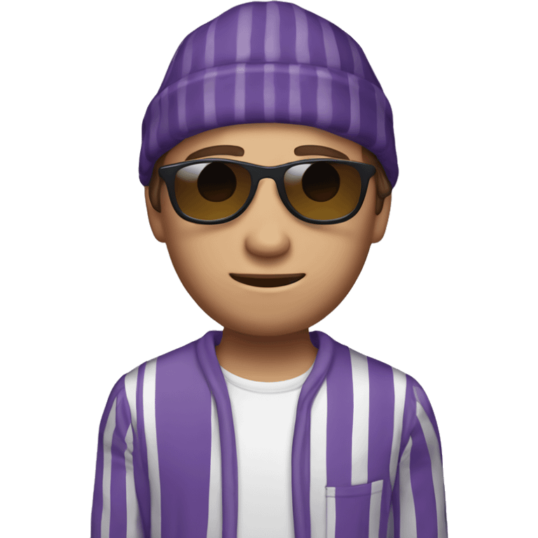 White guy, Brown hair in a side part style, with white and blue striped pajamas with pajama hat wearing sunglasses Holding an eggplant emoji