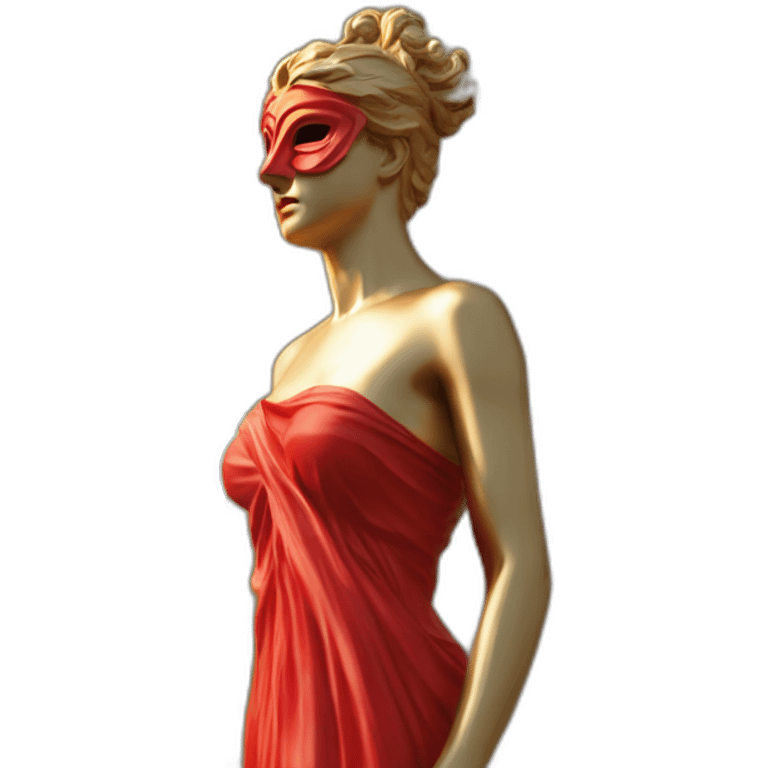 distant view of an abstract renaissance color sculpture of a female figure with a red mask on her face standing on a golden greek ancient style column, 4K resolution emoji