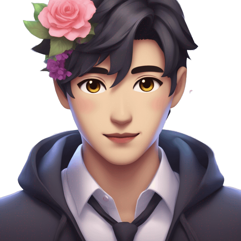 Gorgeous romantic anime style Asian formal modern gentlemanly guy with cat ears and flowers and blushing face aesthetic trending style outside with colorful gradient colors emoji