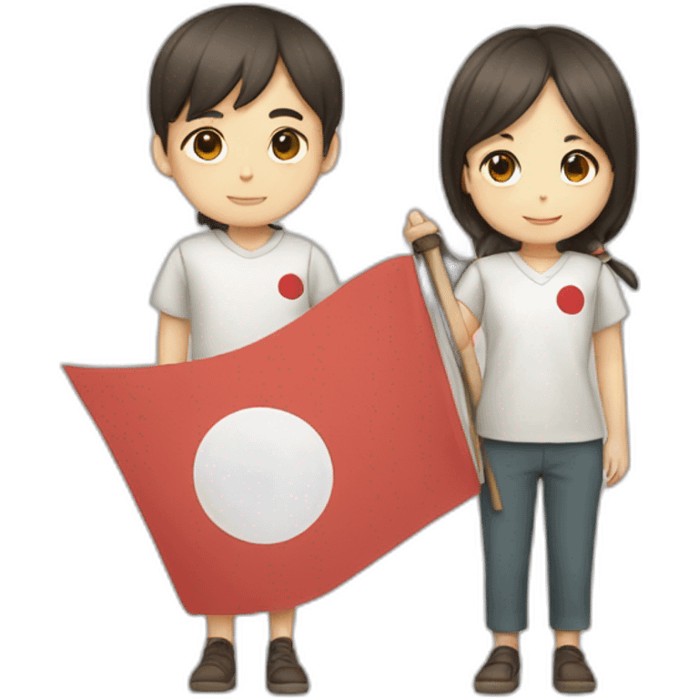 boy and girl holding Japanese flag emoji