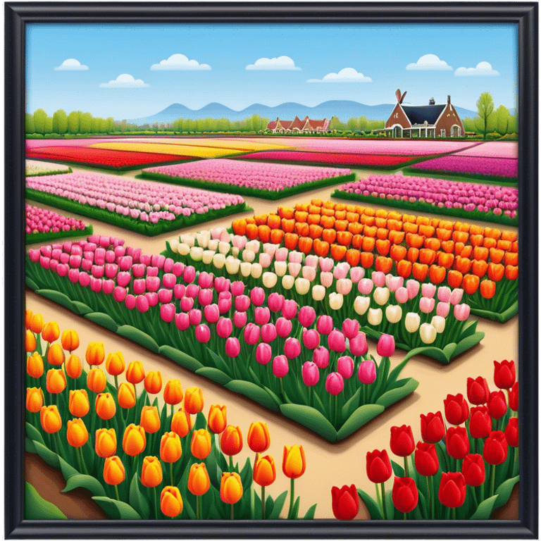 Cinematic Realistic Keukenhof Gardens Landmark Emoji, showcasing expansive tulip fields rendered with crisp, lifelike detail and radiant lighting. emoji