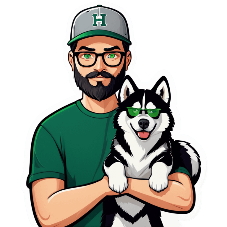 A bold man with a grey baseball cap, green eyes, big beard and glasses holding a husky dog emoji