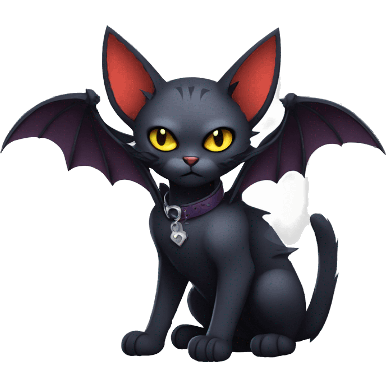  cool edgy dark-themed animal vampiric cat-hybrid Fakemon with fangs and bat-wing-ears with a collar full body emoji