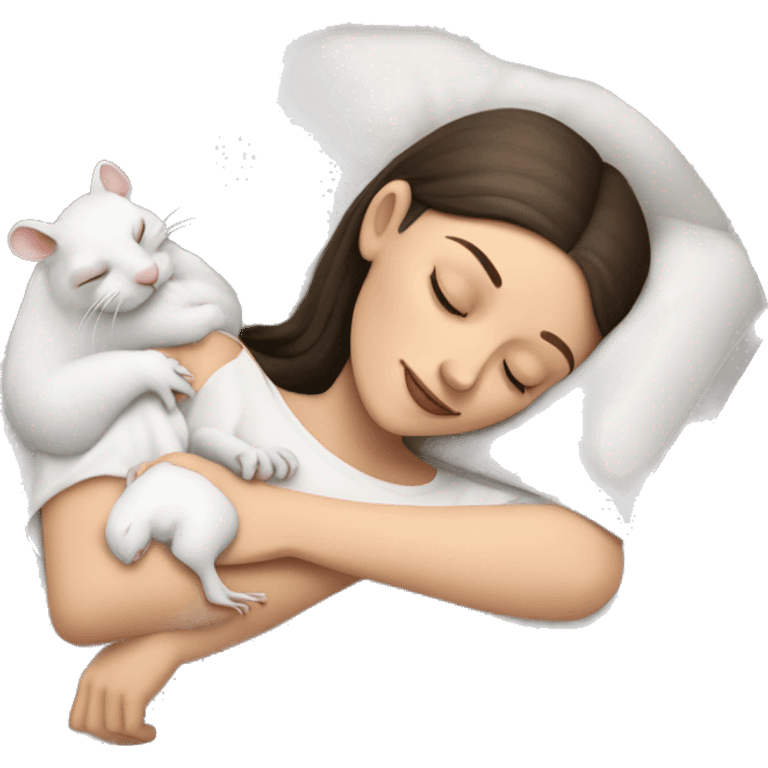 white brunette sleeping woman cuddling with one tiny white rat with red eyes emoji