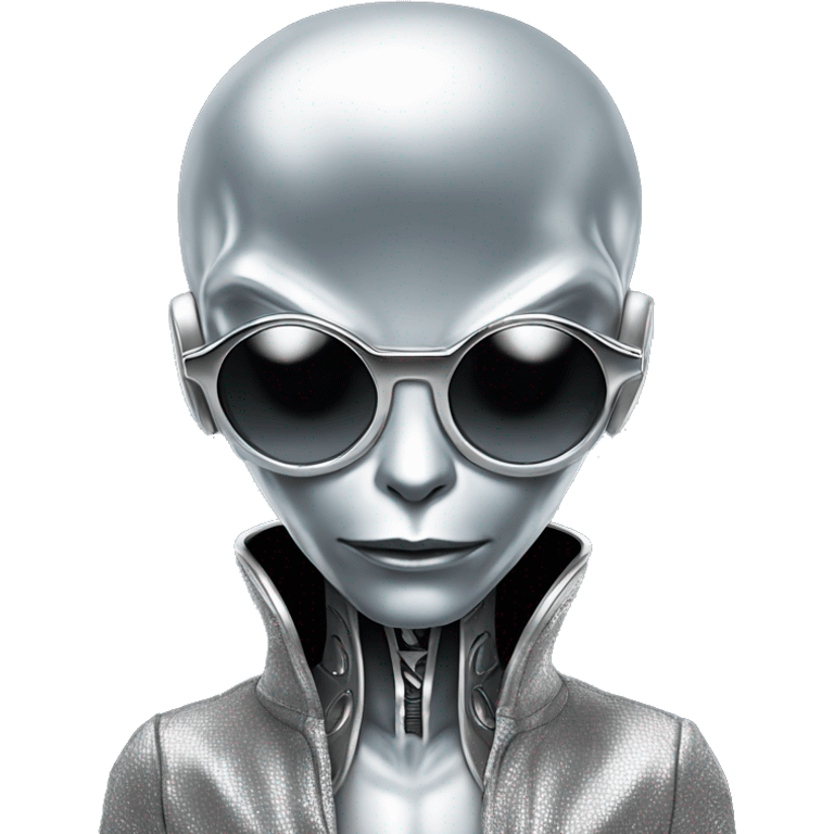 serious silver alien, on a dj board, with silver sunglasses too emoji