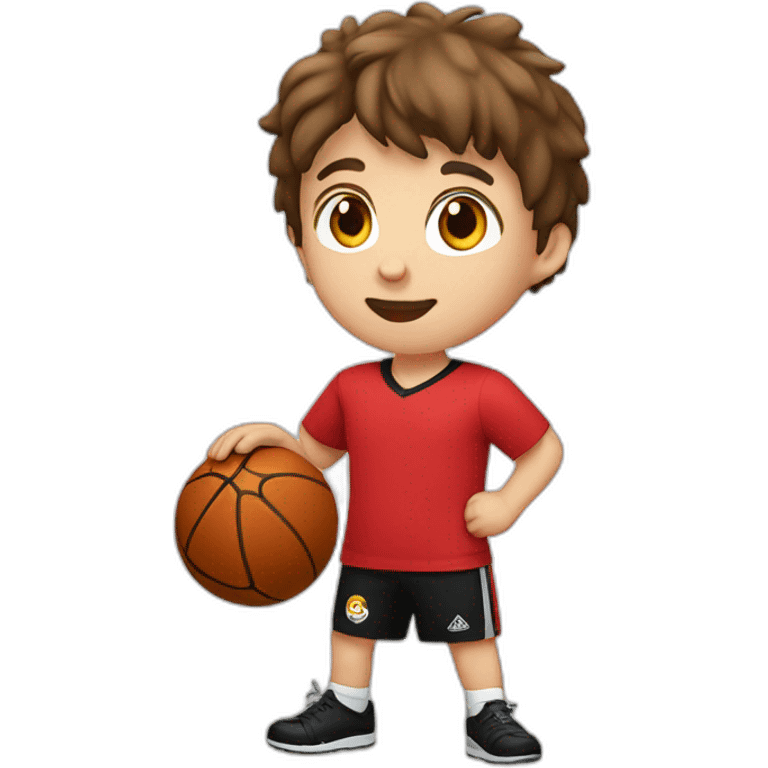 WHITE CHILD, BROWN HAIR, STRAIGHT WITH RED SHIRT AND BLACK SHORTS PLAYING BALL emoji