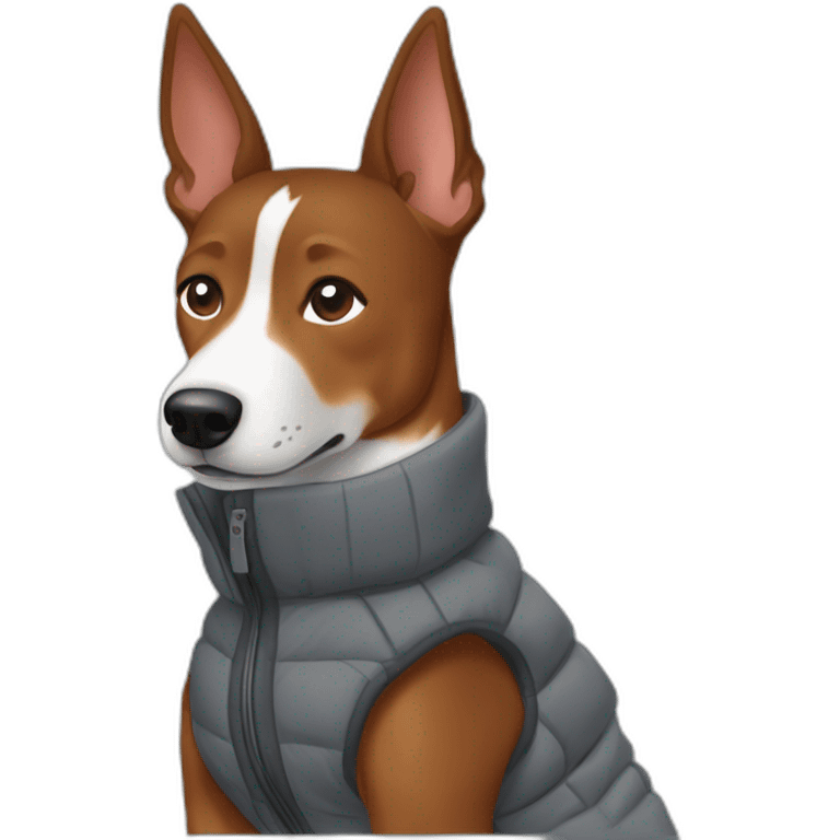 Medium-dark brown colored Basenji wearing a grey puffer jacket emoji