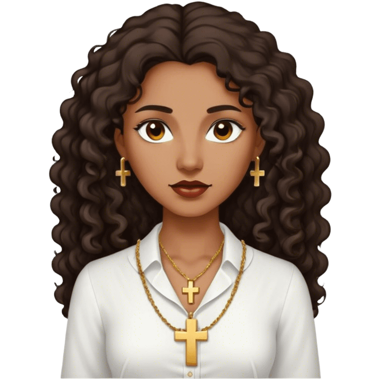 Dark Brown woman with dark curly long hair white dress shirt with gold small cross necklace no earrings emoji