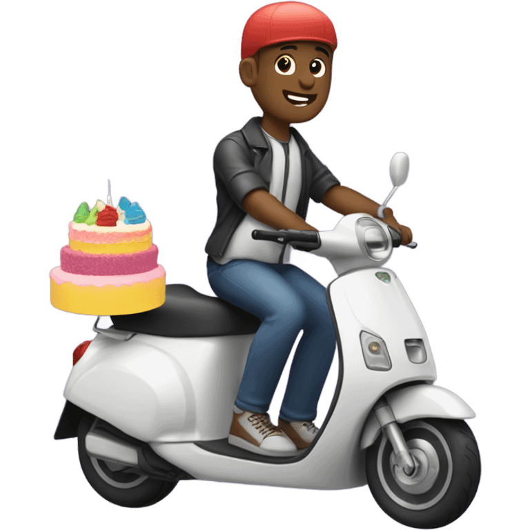 Gay man on e-scooter delivering a cake emoji