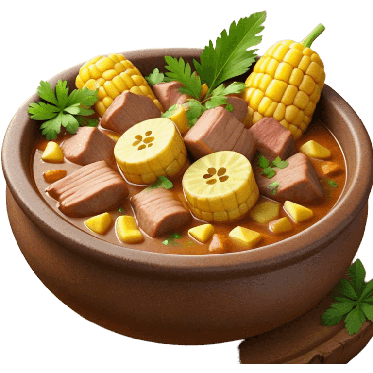 Cinematic Realistic Sancocho Antioqueño Emoji, depicting a hearty Colombian stew brimming with tender cuts of meat, yuca, plantains, corn on the cob, and potatoes in a rich, flavorful broth. Served in a rustic clay bowl with fresh cilantro and lime on the side, rendered with warm, inviting textures and homely, comforting lighting. emoji