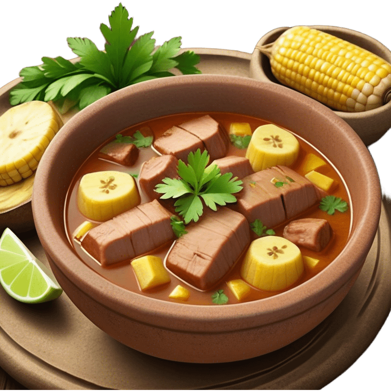 Cinematic Realistic Sancocho Antioqueño Emoji, depicting a hearty Colombian stew brimming with tender cuts of meat, yuca, plantains, corn on the cob, and potatoes in a rich, flavorful broth. Served in a rustic clay bowl with fresh cilantro and lime on the side, rendered with warm, inviting textures and homely, comforting lighting. emoji