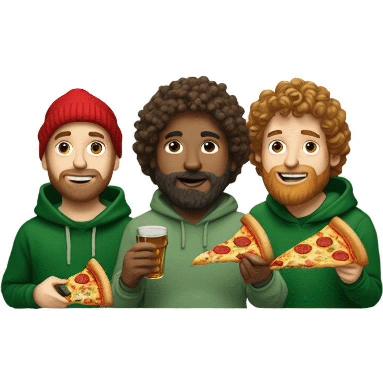 Three white dudes, one wearing a ribbed green sweater,another one is artsy and wears beanies and hoodies, and the other has curly hair and beard wears a linen shirt. They are eating pizza in lower Manhattan, and drinking Stella Artois emoji