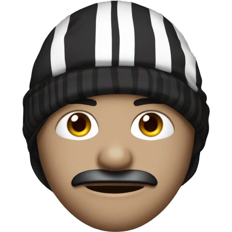 A robber with a black and white striped shirt and a black beanie and a black eye mask. emoji