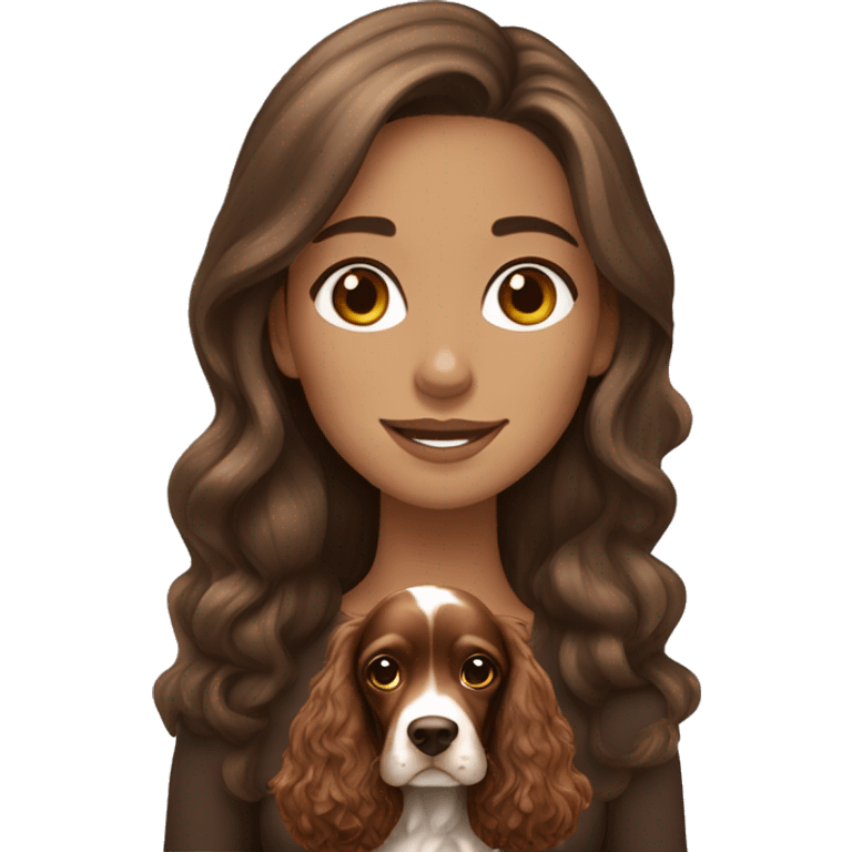 Beautiful girl with long brown hair with English Cocker Spaniel emoji