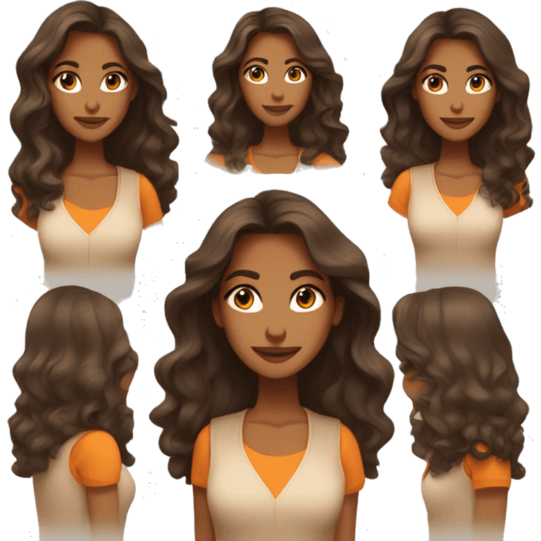 a charming tanned woman long wavy chocolate hair, caramel eyes, beige shirt, orange vest emoji