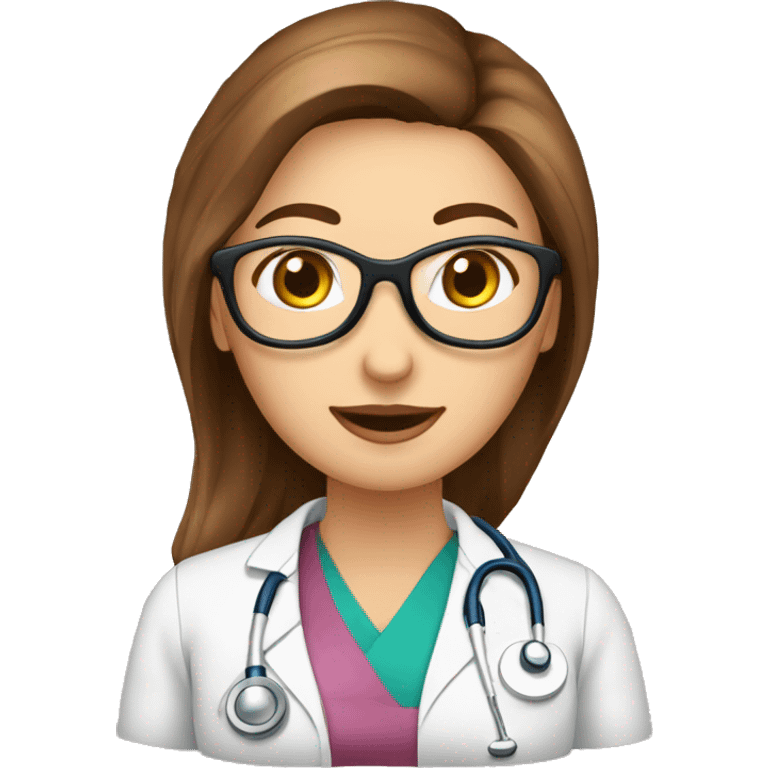 mujer medico de pelo marron y largo. Con ojos marrones. Mano con la palma hacia arriba  emoji